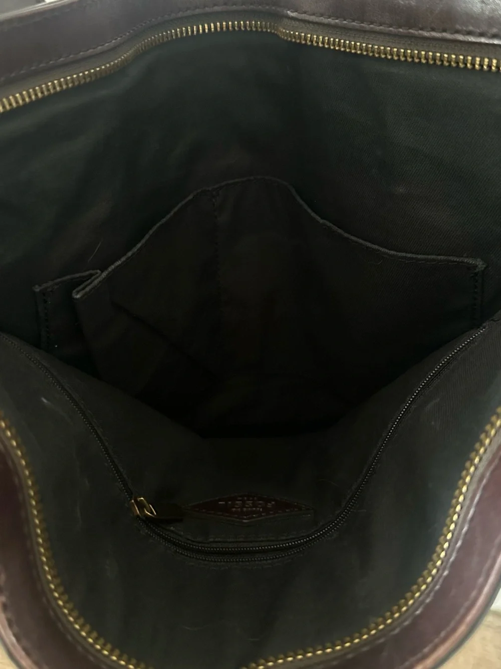 Fossil Patchwork Leather Tote — Burgundy, Navy & Brown